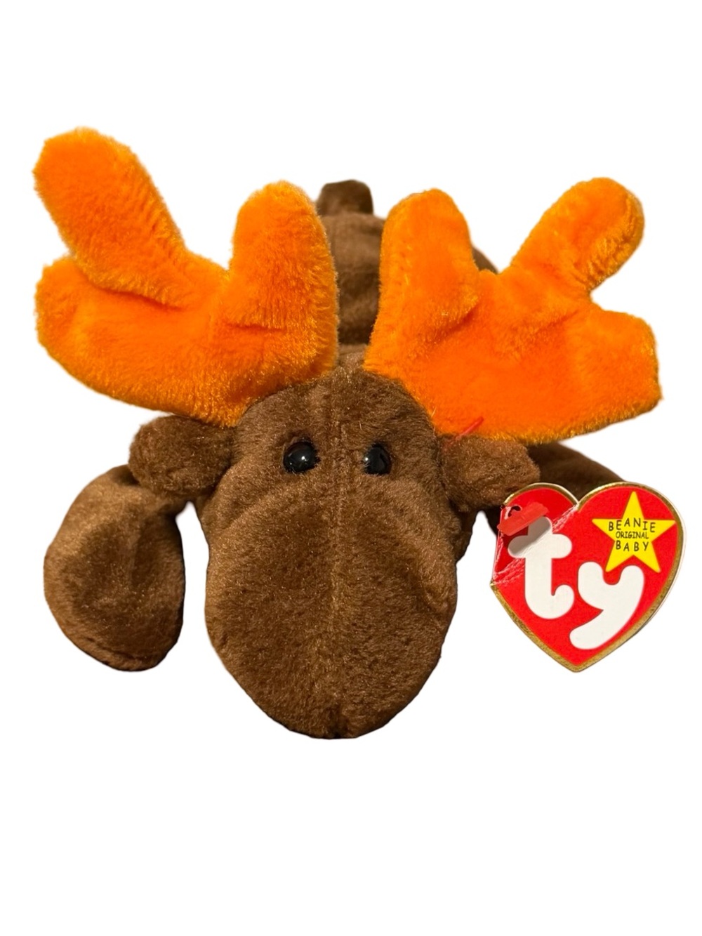 Ty Beanie Baby Chocolate Brown Moose Plush Orange Antlers Vintage Toy
